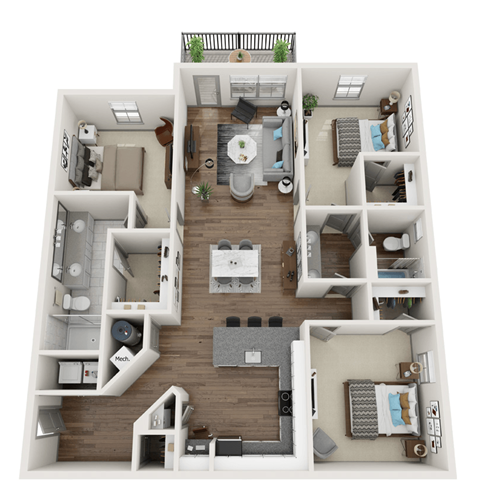 Floor plan for 3 beds, 2 baths, 1443 sqft